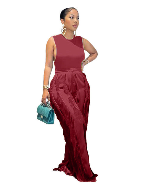 Load image into Gallery viewer, Sleeless Bosysuit and Tassel Pants Set Two Piece Fringe Wide Leg
