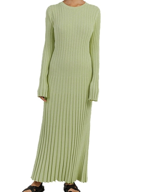 Load image into Gallery viewer, Elegant Knitted Pleated Maxi Dress Women 2023 Spring Ribbed O neck A
