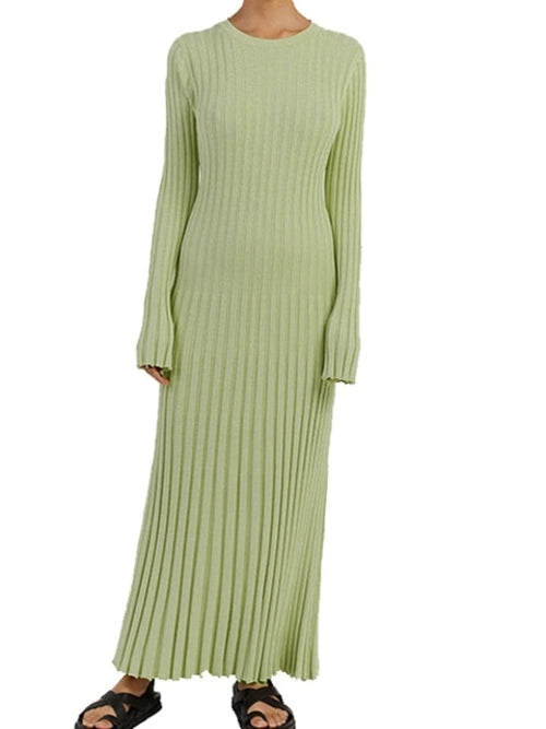 Elegant Knitted Pleated Maxi Dress Women 2023 Spring Ribbed O neck A