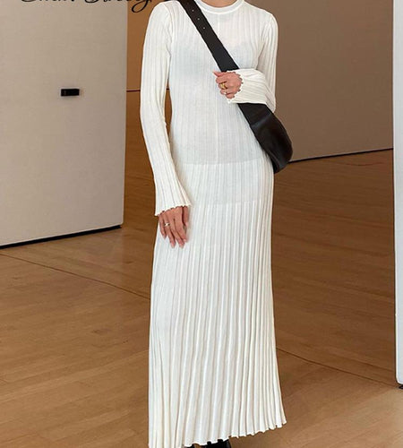 Elegant Knitted Pleated Maxi Dress Women 2023 Spring Ribbed O neck A