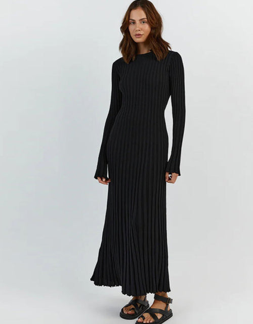 Load image into Gallery viewer, Elegant Solid Ribbed Knitted Maxi Dress Women Slim O neck Long Sleeve
