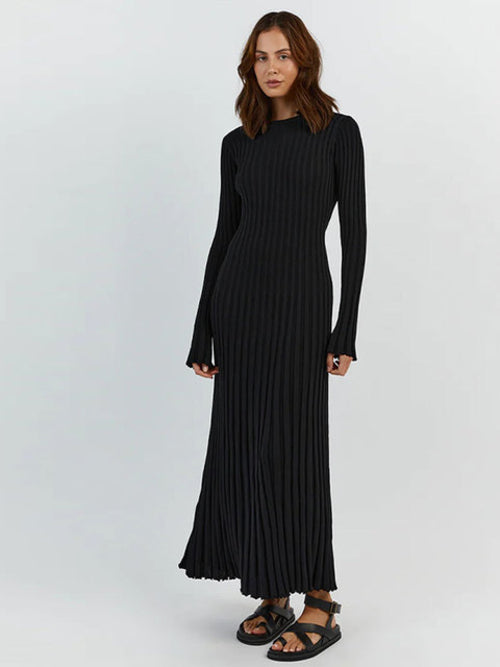 Elegant Solid Ribbed Knitted Maxi Dress Women Slim O neck Long Sleeve