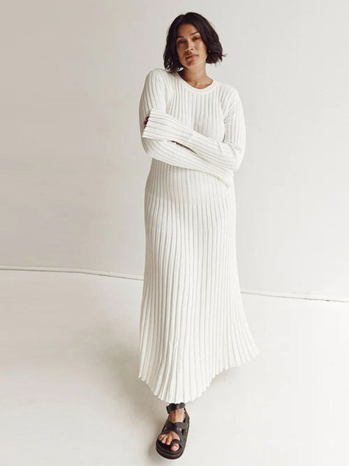 Elegant Solid Ribbed Knitted Maxi Dress Women Slim O neck Long Sleeve