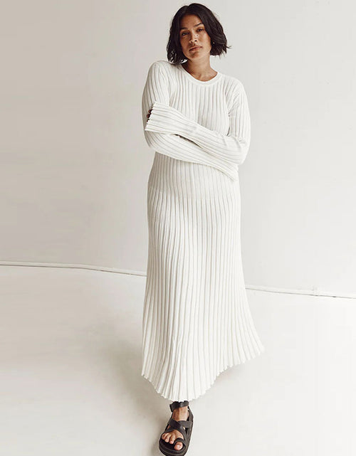 Load image into Gallery viewer, Elegant Solid Ribbed Knitted Maxi Dress Women Slim O neck Long Sleeve
