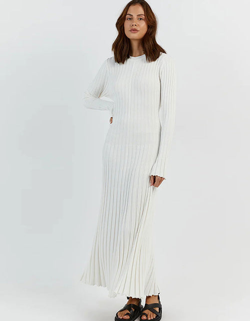 Load image into Gallery viewer, Elegant Solid Ribbed Knitted Maxi Dress Women Slim O neck Long Sleeve
