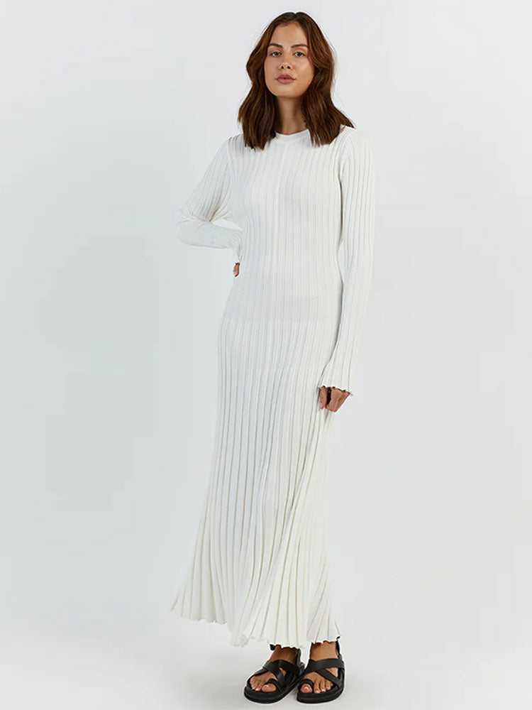 Elegant Solid Ribbed Knitted Maxi Dress Women Slim O neck Long Sleeve