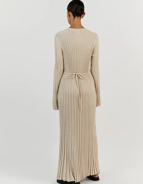 Load image into Gallery viewer, Elegant Solid Ribbed Knitted Maxi Dress Women Slim O neck Long Sleeve
