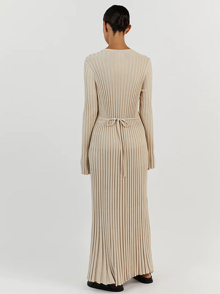 Elegant Solid Ribbed Knitted Maxi Dress Women Slim O neck Long Sleeve