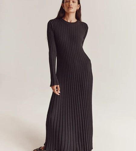 Elegant Solid Ribbed Knitted Maxi Dress Women Slim O neck Long Sleeve