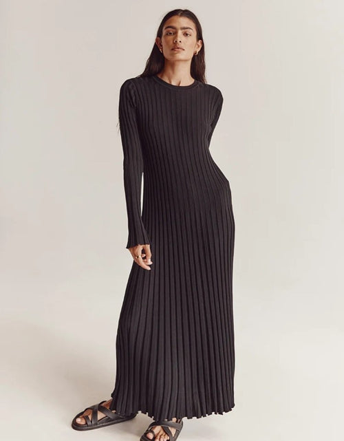 Load image into Gallery viewer, Elegant Solid Ribbed Knitted Maxi Dress Women Slim O neck Long Sleeve
