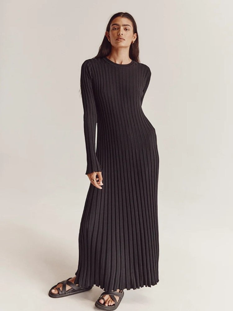 Elegant Solid Ribbed Knitted Maxi Dress Women Slim O neck Long Sleeve