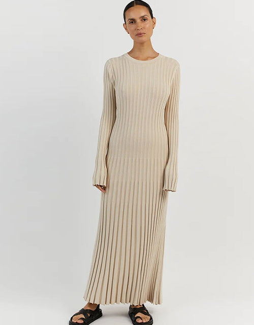 Load image into Gallery viewer, Elegant Solid Ribbed Knitted Maxi Dress Women Slim O neck Long Sleeve
