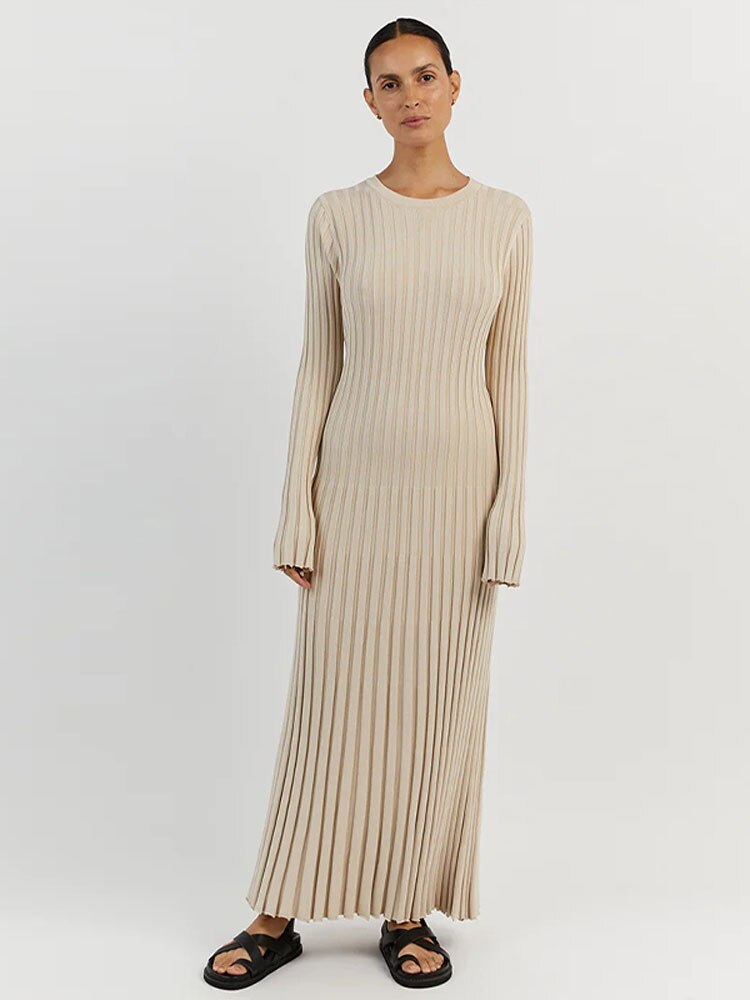 Elegant Solid Ribbed Knitted Maxi Dress Women Slim O neck Long Sleeve