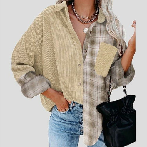 Load image into Gallery viewer, Turn-down Collar Button Blouses Plaid Print Stitching Top
