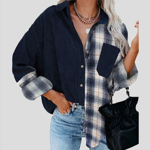 Turn-down Collar Button Blouses Plaid Print Stitching Top