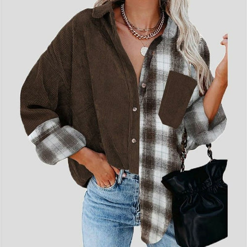 Load image into Gallery viewer, Turn-down Collar Button Blouses Plaid Print Stitching Top
