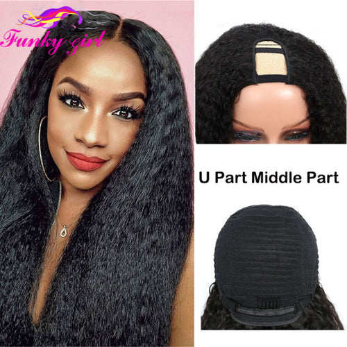 FG Brazilain Kinky Straight Human Hair Wigs Yaki Straight U Part Wig