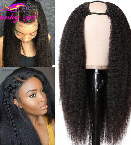 FG Brazilain Kinky Straight Human Hair Wigs Yaki Straight U Part Wig