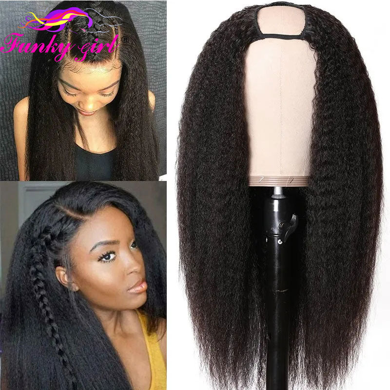 FG Brazilain Kinky Straight Human Hair Wigs Yaki Straight U Part Wig