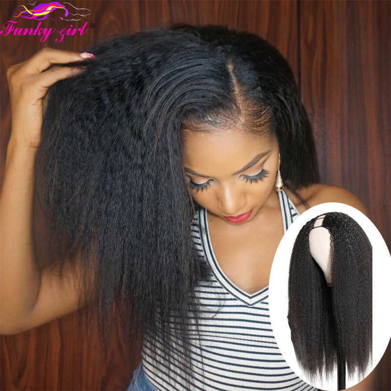 FG Brazilain Kinky Straight Human Hair Wigs Yaki Straight U Part Wig