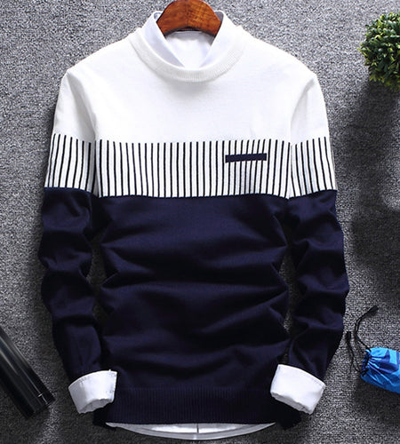 Fashion Men Striped Sweater Pullover Color Block Patchwork O Neck Long