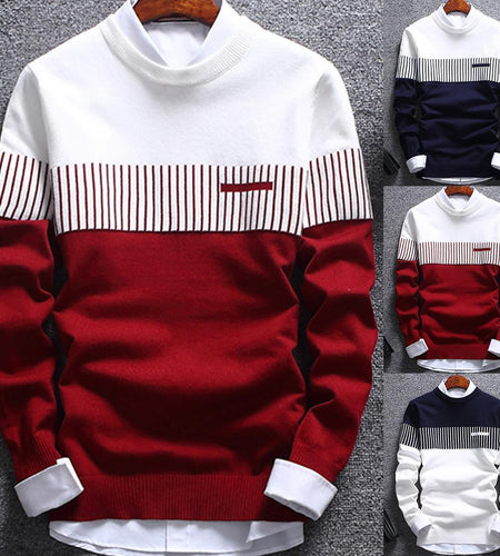 Fashion Men Striped Sweater Pullover Color Block Patchwork O Neck Long