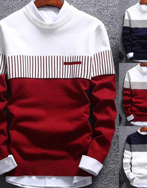 Load image into Gallery viewer, Fashion Men Striped Sweater Pullover Color Block Patchwork O Neck Long
