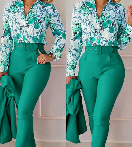 Print Shirt Tops &High Waist Pants