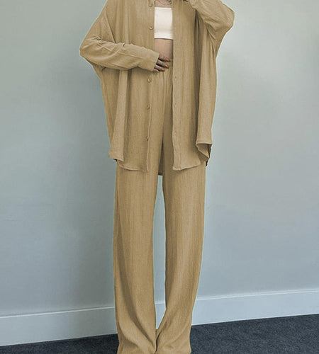 Green Solid Casual Shirt+pants Matching Set Women Autumn Winter