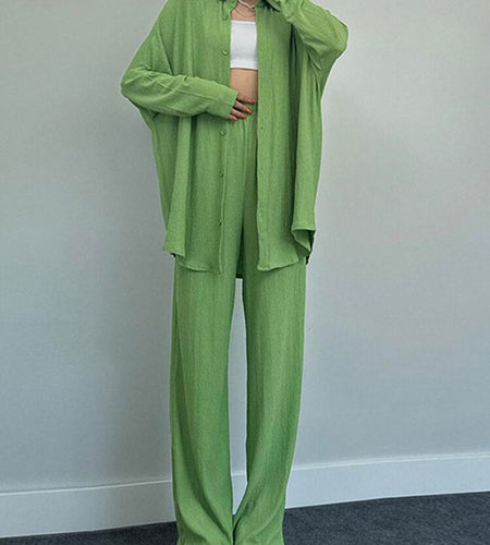 Green Solid Casual Shirt+pants Matching Set Women Autumn Winter