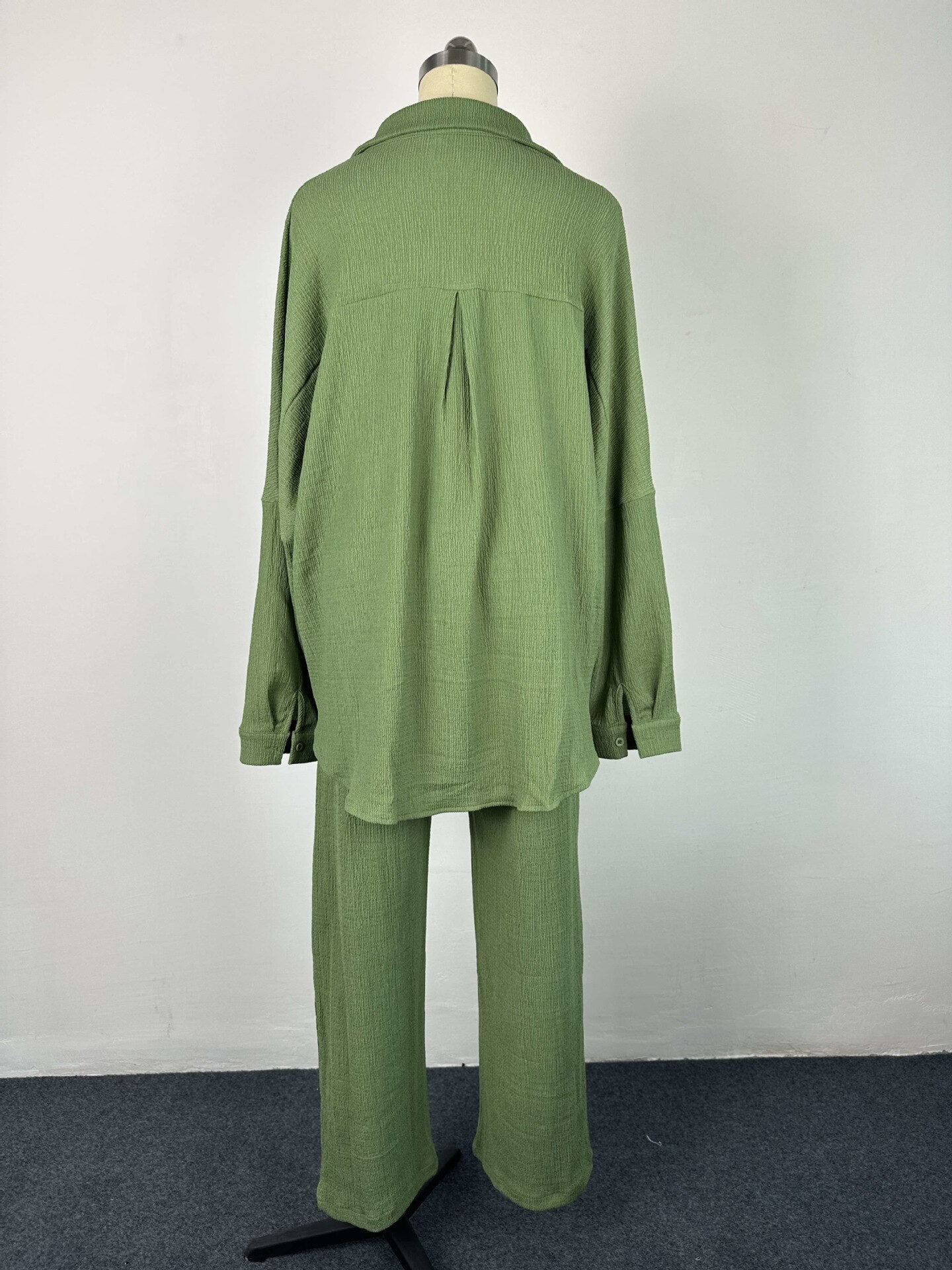 Green Solid Casual Shirt+pants Matching Set Women Autumn Winter