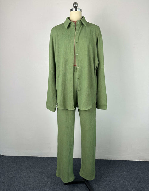 Load image into Gallery viewer, Green Solid Casual Shirt+pants Matching Set Women Autumn Winter
