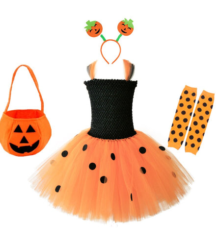 Girls Dress New Halloween Cosplay Costume Children Witch Pumpkin Dress