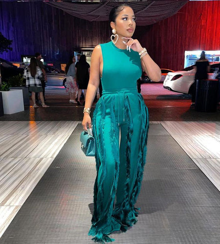 Sleeless Bosysuit and Tassel Pants Set Two Piece Fringe Wide Leg