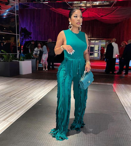 Sleeless Bosysuit and Tassel Pants Set Two Piece Fringe Wide Leg