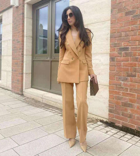 2-Piece Set Office Wear Double Breasted Blazer Coat Vintage High Waist