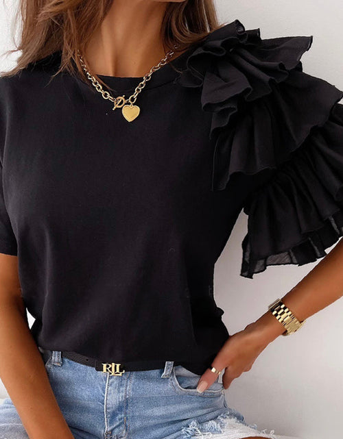 Load image into Gallery viewer, O Neck Solid Blouse Shirt Layered Ruffle Tops Blusa
