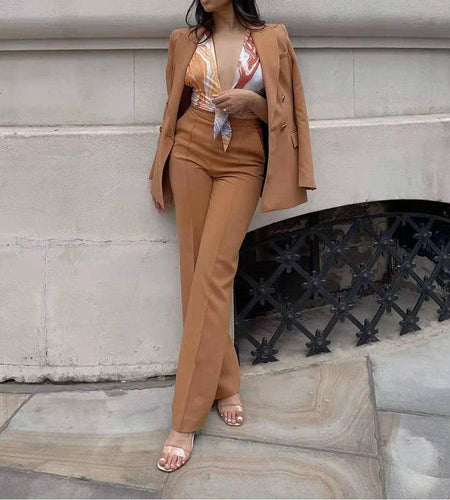 2-Piece Set Office Wear Double Breasted Blazer Coat Vintage High Waist