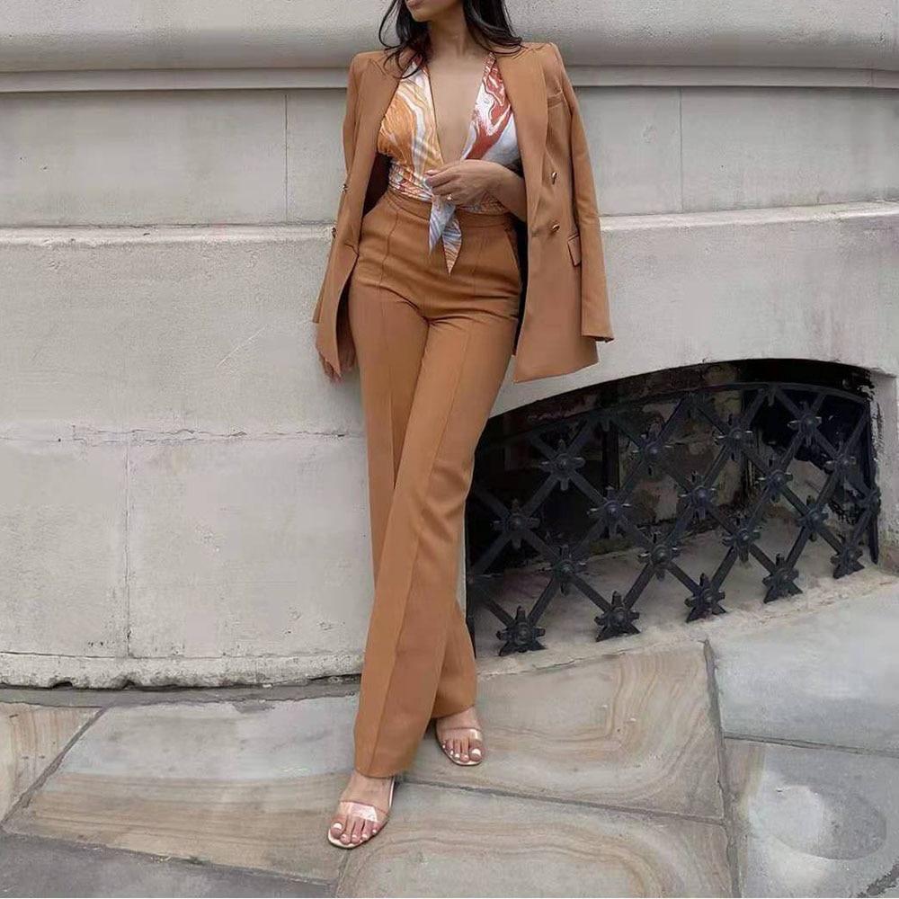 2-Piece Set Office Wear Double Breasted Blazer Coat Vintage High Waist