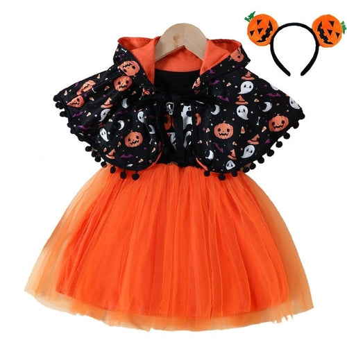 Halloween Pumpkin Dress for Girl Fansy Tutu Dresses with Shawl Baby