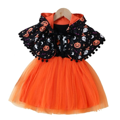 Halloween Pumpkin Dress for Girl Fansy Tutu Dresses with Shawl Baby