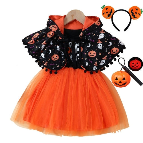 Halloween Pumpkin Dress for Girl Fansy Tutu Dresses with Shawl Baby