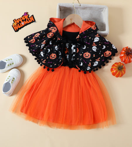 Halloween Pumpkin Dress for Girl Fansy Tutu Dresses with Shawl Baby