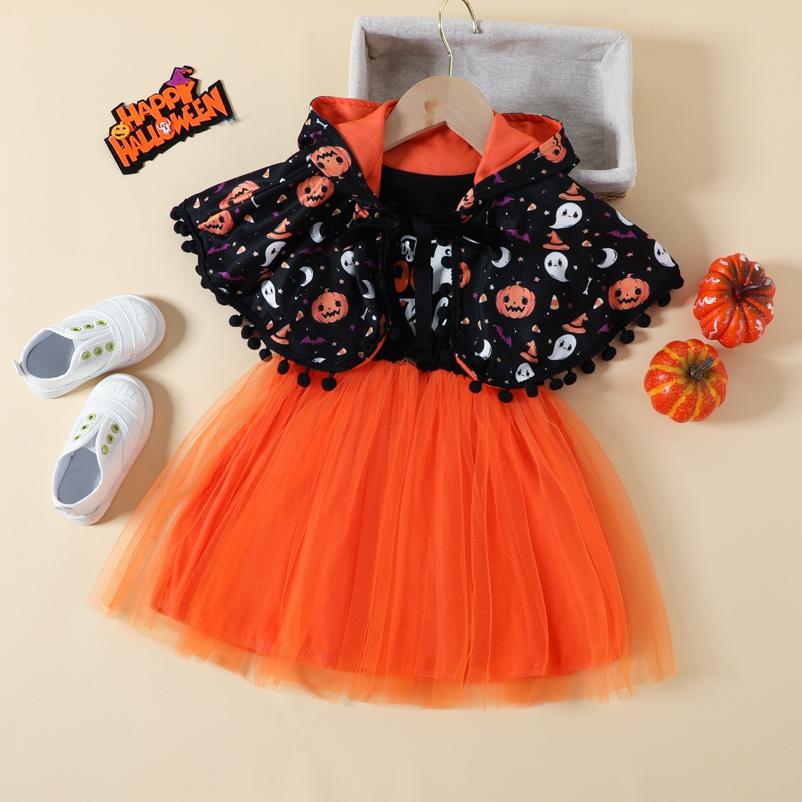 Halloween Pumpkin Dress for Girl Fansy Tutu Dresses with Shawl Baby