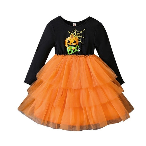 Halloween Tutu Dress for Girl Pumpkin Print Casual Dresses Long Sleeve