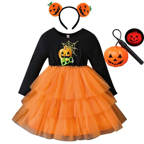 Load image into Gallery viewer, Halloween Tutu Dress for Girl Pumpkin Print Casual Dresses Long Sleeve
