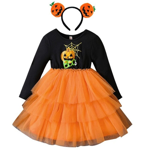 Halloween Tutu Dress for Girl Pumpkin Print Casual Dresses Long Sleeve