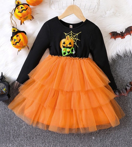 Halloween Tutu Dress for Girl Pumpkin Print Casual Dresses Long Sleeve