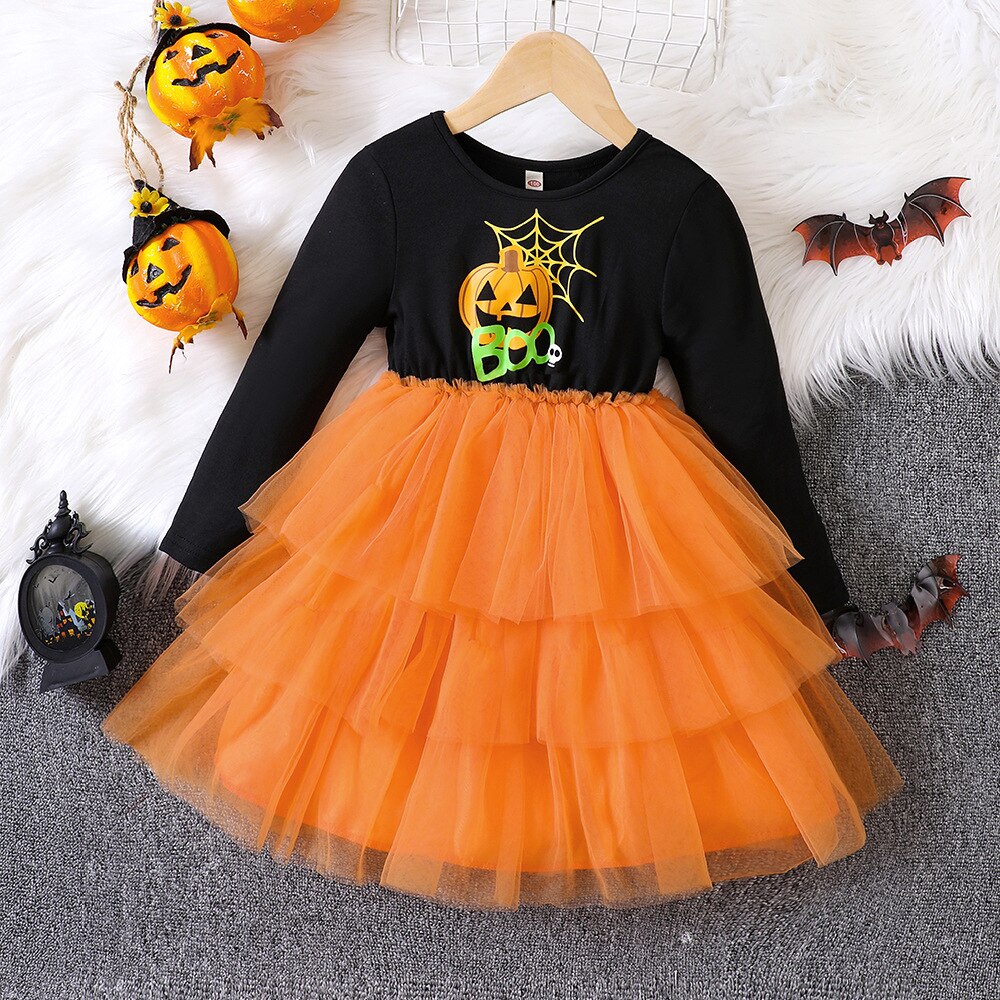 Halloween Tutu Dress for Girl Pumpkin Print Casual Dresses Long Sleeve