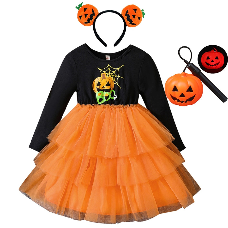 Halloween Tutu Dress for Girl Pumpkin Print Casual Dresses Long Sleeve